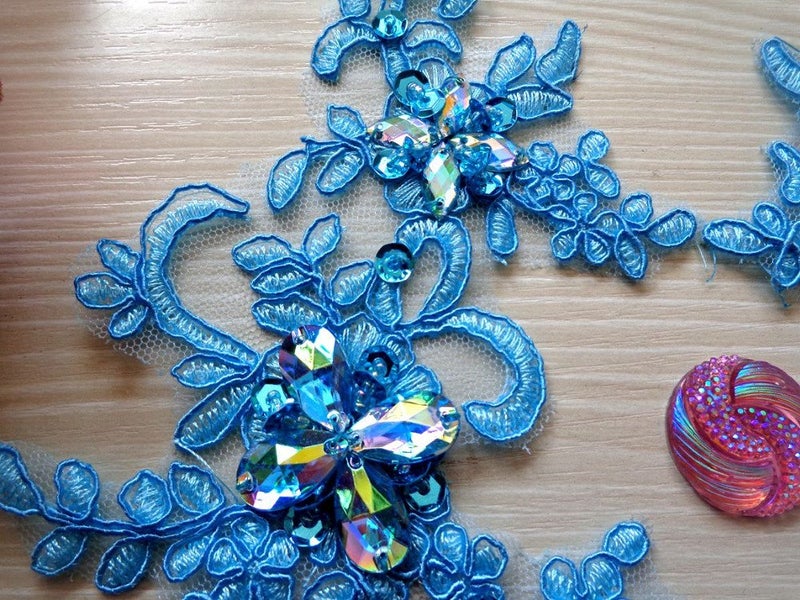 Zbroh Handmade Sequins Rhinestones Patches Sew on Light Blue Colour Lace Applique Delicate Embroidered 23X10cm for Dress - Image 3